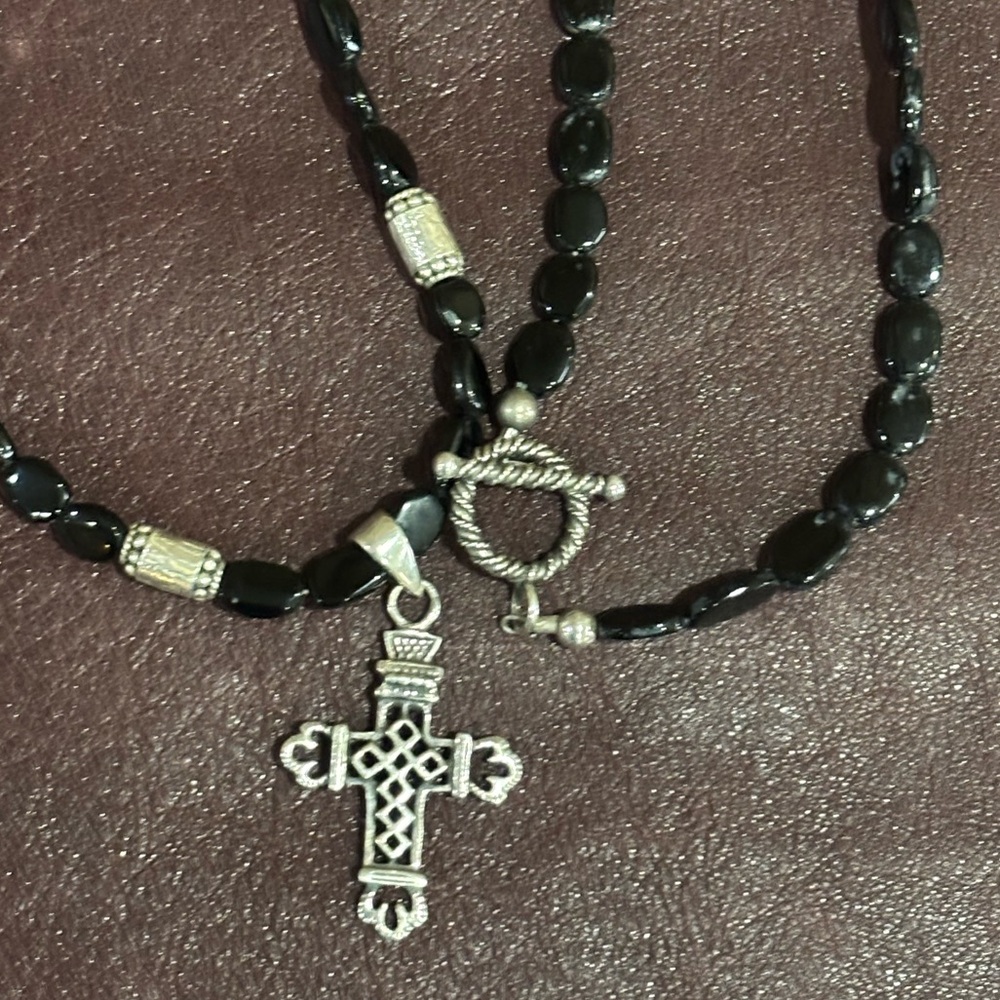 Black tourmaline and sterling cross necklace